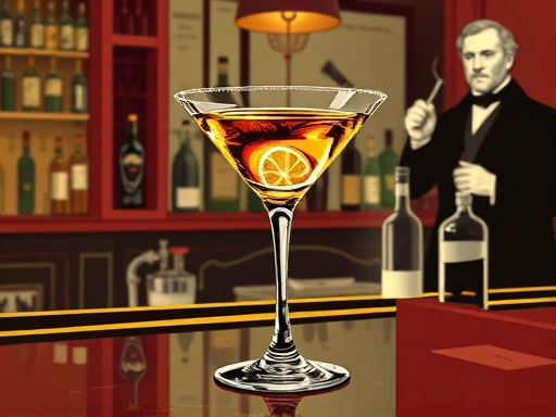 A vintage-style illustration of a classic Martini cocktail on a bar counter, with historical figures subtly in the background, representing its mysterious origins and evolution.