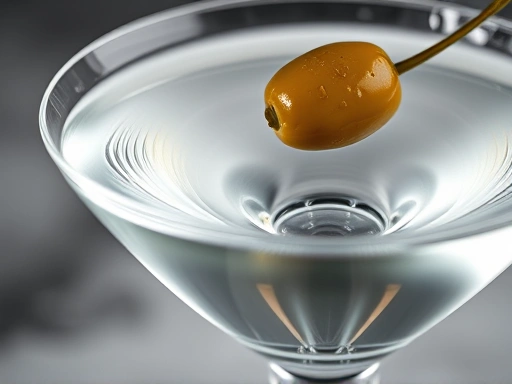 Close-up of a meticulously prepared Dry Martini with an olive, showcasing its crystal-clear liquid and elegant presentation, emphasizing the modern perfected cocktail.