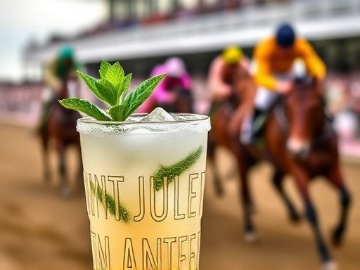 A refreshing Mint Julep cocktail in a frosted julep cup, garnished with fresh mint, with a blurred background of a lively horse race at the Kentucky Derby.