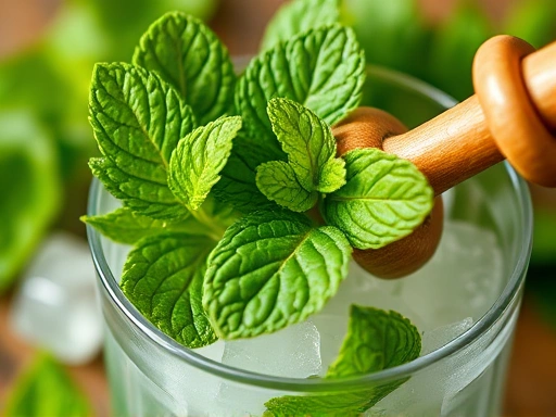A close-up of vibrant fresh mint leaves and a muddler gently pressing them in a julep cup, with bourbon and crushed ice ready for preparation.