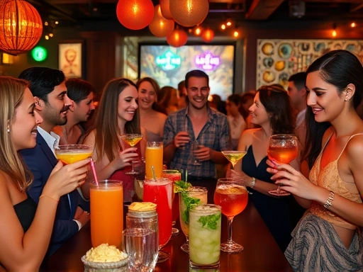 A vibrant non-alcoholic cocktail party scene with diverse mocktails and low-ABV drinks, people laughing and socializing, bright and inviting atmosphere, focusing on weak cocktails for non-drinkers.