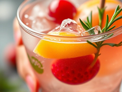 Close-up of a beautifully garnished non-alcoholic cocktail with fresh fruit and herbs, showing intricate details and refreshing condensation on the glass, highlighting weak cocktails for non-drinkers.
