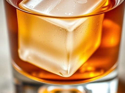 A close-up of an Old Fashioned cocktail, showing a large ice cube, a sugar cube and bitters at the bottom, highlighting its simple yet elegant core ingredients and the meaning of 