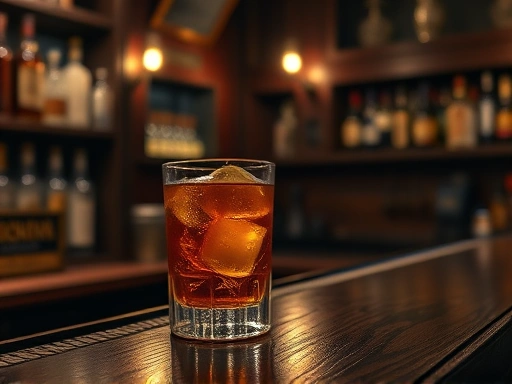 A vintage, dark and atmospheric bar scene with a classic Old Fashioned cocktail prominently displayed on a wooden bar counter, emphasizing its historical origin and timeless appeal.