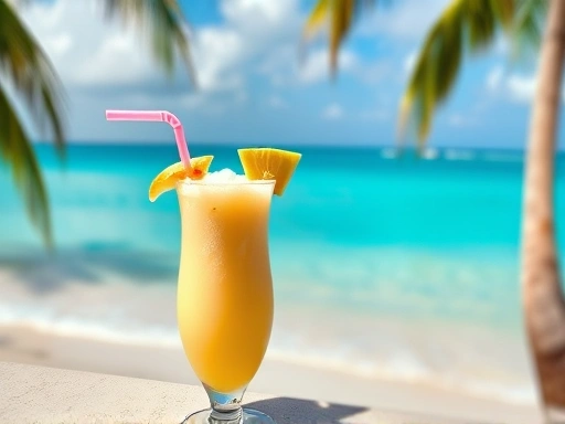 A vibrant tropical beach scene with a perfectly garnished Pina Colada cocktail prominently displayed, symbolizing relaxation and exotic vacations.