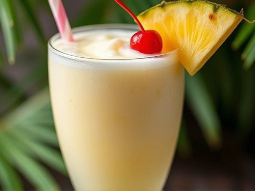 Close-up of a refreshing Pina Colada cocktail in a hurricane glass, showing the creamy texture, pineapple wedge, and cherry garnish.