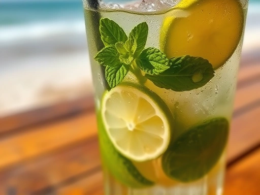 Close-up of a refreshing Mojito cocktail with mint leaves and lime slices, condensation on the glass, on a wooden table with blurred beach background.