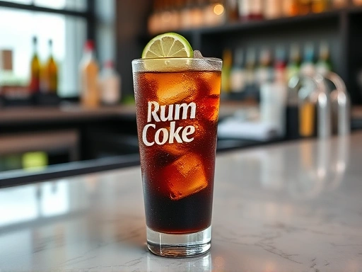 A clean, modern bar counter with a perfectly made Rum and Coke in a highball glass, garnished with a fresh lime wedge and plenty of ice, ready for a beginner to enjoy.