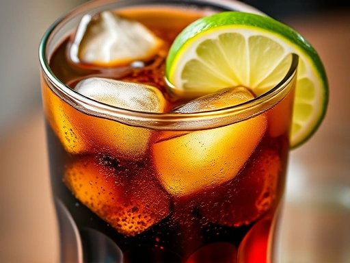 Close-up of a highball glass filled with ice, dark rum, and cola, with a fresh lime slice on the rim, showcasing the refreshing bubbles and vibrant colors of a homemade Rum and Coke.