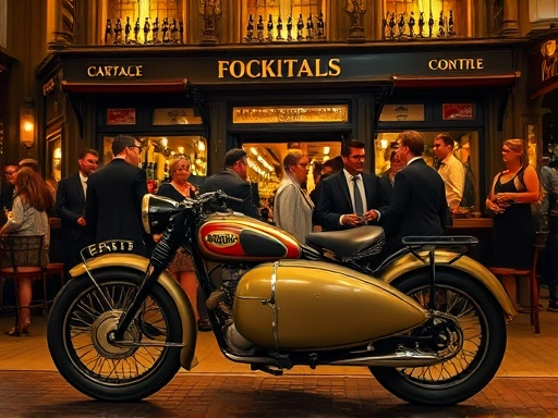 A vintage motorcycle with a sidecar parked in front of a bustling 1920s Parisian bar, with a sophisticated crowd in the background, conveying the Sidecar cocktail's origin era.