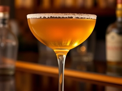 A close-up of a classic Sidecar cocktail in a coupe glass with a sugared rim, reflecting the elegant history and refined taste, with a subtle hint of vintage bar ambiance.