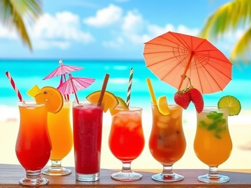 A vibrant assortment of five different tropical cocktails with umbrellas and fruit garnishes, set against a backdrop of a sunny beach and turquoise ocean.