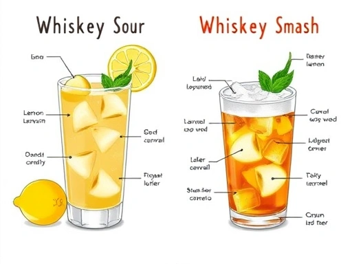A side-by-side illustration of two classic whiskey cocktails, Whiskey Sour and Whiskey Smash, highlighting their distinct appearances and key ingredients like lemon, mint, and foam.