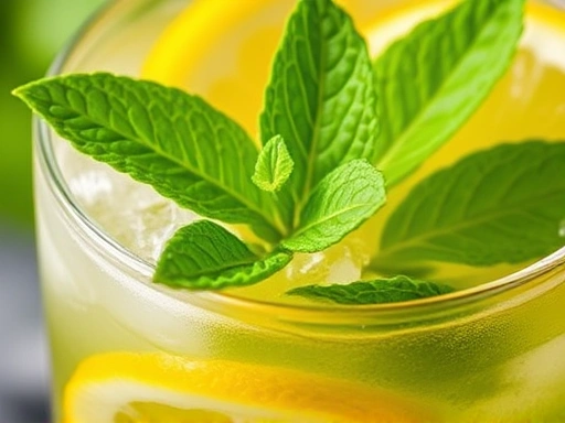 Close-up of a Whiskey Smash with vibrant green mint leaves and fresh lemon wedges, showcasing its refreshing and aromatic qualities.