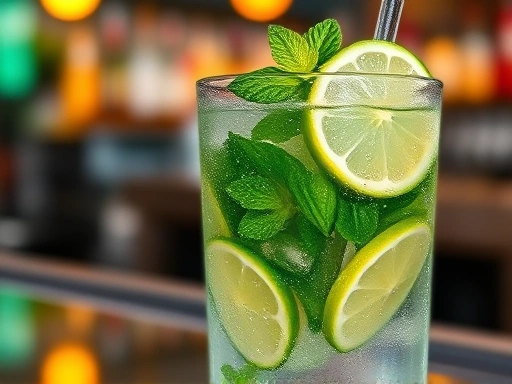 Close-up of a refreshing Mojito with fresh mint and lime slices, condensation on the glass, set against a blurred background of a trendy bar, emphasizing its coolness and freshness.