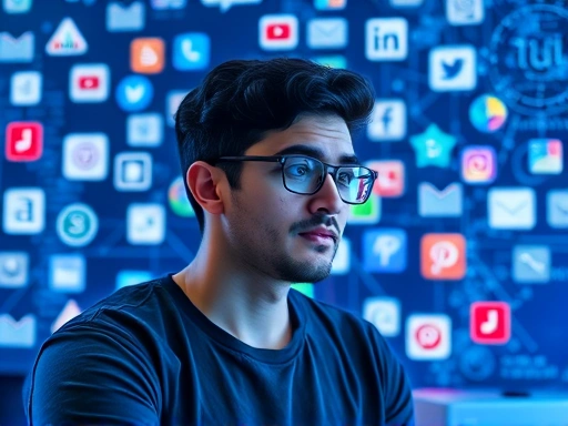 다양한 블로그 플랫폼 아이콘이 흩뿌려진 디지털 공간에서 개발자 한 명이 코딩 화면을 배경으로 고민하는 모습