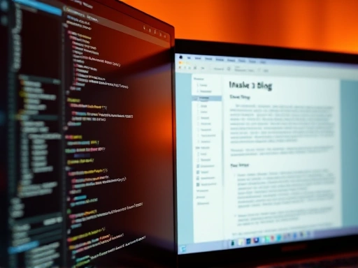 두 개의 화면이 분할되어 한쪽에는 코드가 표시되고 다른 한쪽에는 마크다운 에디터와 완성된 블로그 화면이 나란히 보이는 클로즈업.