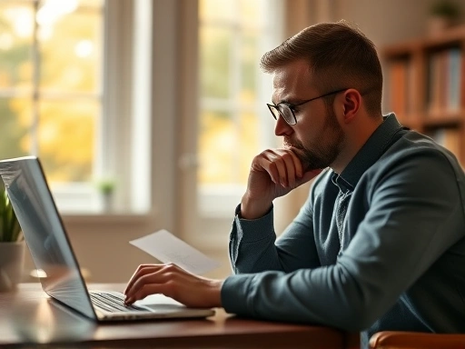 한 남성이 노트북을 앞에 두고 몰입하여 글을 쓰고 있는 모습