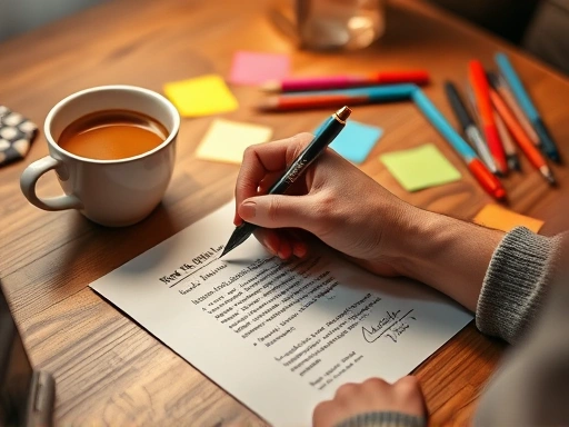 종이 위에 펜으로 스토리를 구상하는 손과 옆에 놓인 따뜻한 커피 한 잔.