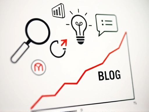 개인 블로그의 성장 곡선을 상징하는 그래프와 함께, 전략적인 사고를 표현하는 다양한 아이콘(돋보기, 전구, 대화 말풍선 등)이 조화롭게 배치된 클로즈업 이미지