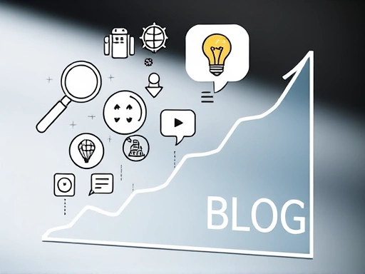 개인 블로그의 성장 곡선을 상징하는 그래프와 함께, 전략적인 사고를 표현하는 다양한 아이콘(돋보기, 전구, 대화 말풍선 등)이 조화롭게 배치된 클로즈업 이미지