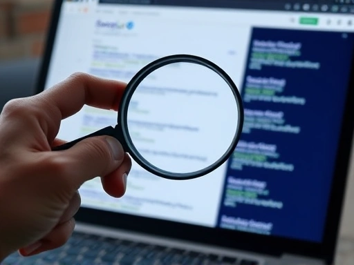 돋보기로 노트북 화면을 확대하여 검색 결과 페이지(SERP)를 자세히 분석하는 손의 클로즈업.