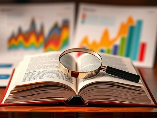 활짝 펼쳐진 서적과 그 위에 놓인 돋보기, 배경으로는 다양한 색상의 그래프와 차트가 어우러져 지식 탐구와 데이터 분석의 분위기