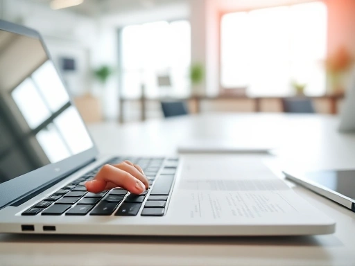 깔끔한 작업 공간에 노트북과 종이가 펼쳐져 있고, 한 손이 키보드 위에 있는 모습