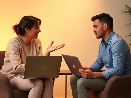 두 명의 사람이 노트북을 사이에 두고 마주 앉아 진지하게 대화하는 모습