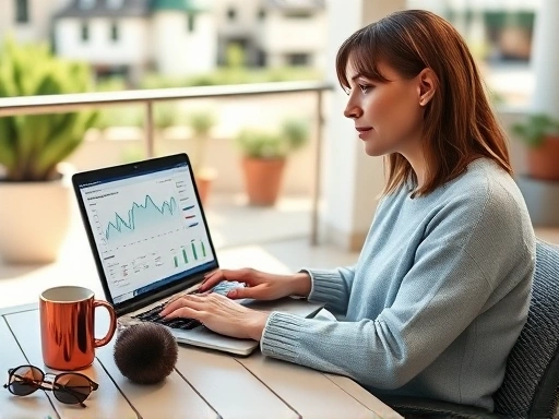 따뜻한 햇살이 비치는 야외 테라스에서 노트북으로 제휴 마케팅 대시보드를 확인하는 전문 블로거의 모습