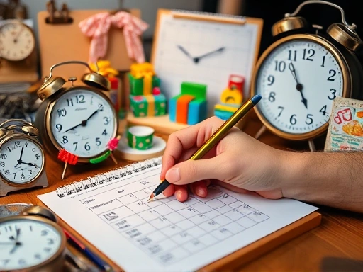 여러 개의 시계와 달력이 복잡하게 펼쳐진 책상 위에서, 연필로 중요 날짜에 동그라미를 치는 손의 클로즈업.