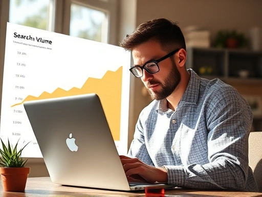 계절 변화와 함께 검색량이 급증하는 그래프 앞에서 노트북을 들고 집중하는 마케터의 모습