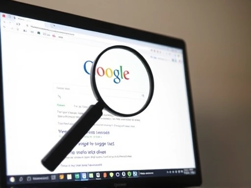 컴퓨터 화면에 나타난 구글 검색 결과 페이지와 그 위로 돋보기 아이콘이 떠 있는 모습