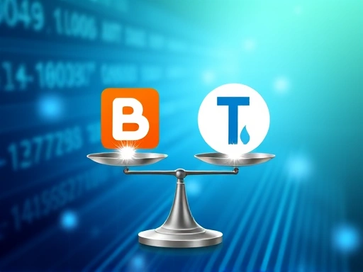 두 개의 다른 블로그 플랫폼 아이콘(구글 블로거의 B 로고, 티스토리의 T 로고)이 서로 마주보며 저울 위에 놓여 균형을 이루고 있는 모습