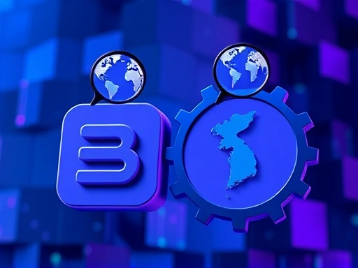 두 개의 블로그 플랫폼을 상징하는 아이콘이 톱니바퀴 형태로 맞물려 돌아가며, 각각의 톱니바퀴 위에 작은 돋보기가 놓여 SEO(검색 엔진 최적화) 작업을 상징한다.