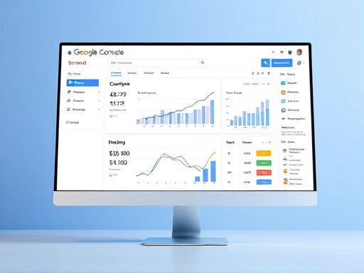 구글 서치 콘솔의 깔끔하고 현대적인 대시보드 화면이 중심에 배치되어 있습니다.