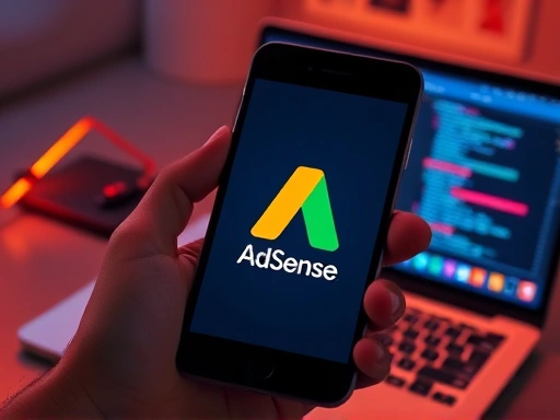 손에 들린 스마트폰 화면에 구글 애드센스 로고가 선명하게 보이며, 뒤로는 흐릿하게 빛나는 노트북과 코딩된 웹페이지 이미지