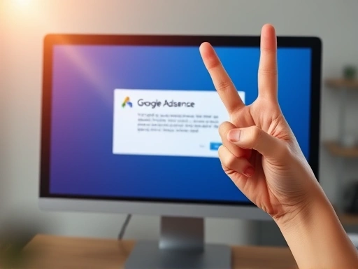 개인의 웹사이트를 상징하는 모니터 화면에 구글 애드센스 승인 알림 팝업창이 띄워져 있고, 그 옆에는 승리의 브이(V) 사인을 하고 있는 손이 클로즈업되어 있다.