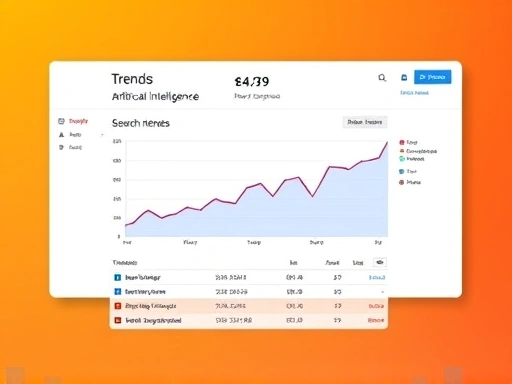 밝고 현대적인 디자인의 구글 트렌드 인터페이스 화면, 중앙에는 '인공지능' 키워드의 검색 관심도 그래프가 시각적으로 강조되어 있으며, 데이터가 상승하는 추이를 보여줍니다.