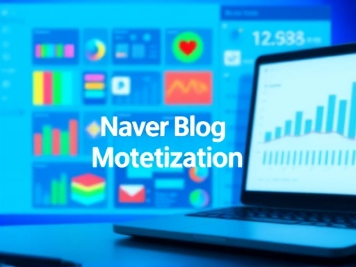 다채로운 아이콘과 그래프가 혼합된 디지털 대시보드를 배경으로, '네이버 블로그 수익화'라는 제목이 중앙에 명확하게 표시되어 있다.