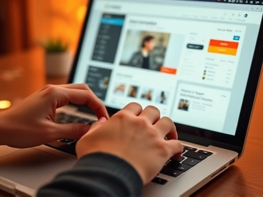 두 손이 노트북 키보드 위에서 타이핑하는 클로즈업 샷.