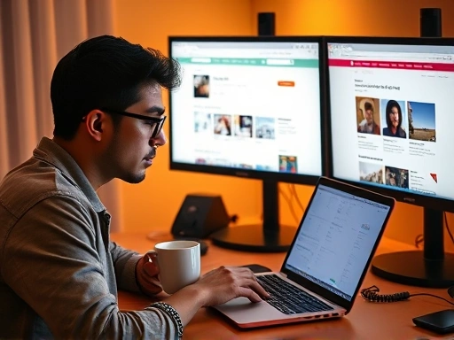 사용자가 노트북 앞에 앉아 세 개의 다른 모니터를 바라보며 각각 네이버 블로그, 티스토리, 워드프레스 화면을 집중해서 보고 있다.