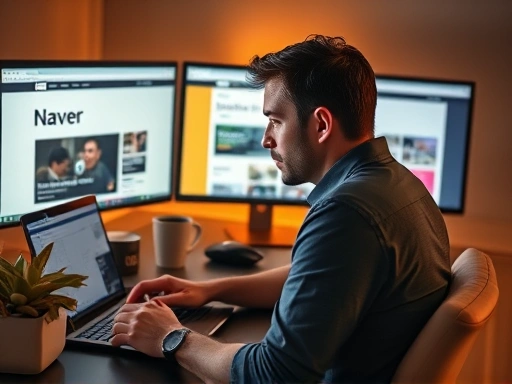 사용자가 노트북 앞에 앉아 세 개의 다른 모니터를 바라보며 각각 네이버 블로그, 티스토리, 워드프레스 화면을 집중해서 보고 있다.