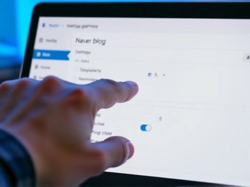 노트북 화면 속 네이버 블로그 관리 페이지의 특정 설정 메뉴에 마우스 커서가 위치한 손의 클로즈업.