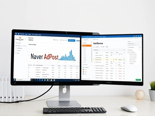 데스크톱 컴퓨터 화면에 네이버 애드포스트 대시보드가 열려 있고, 옆에는 구글 애드센스 대시보드가 열려 있는 모습