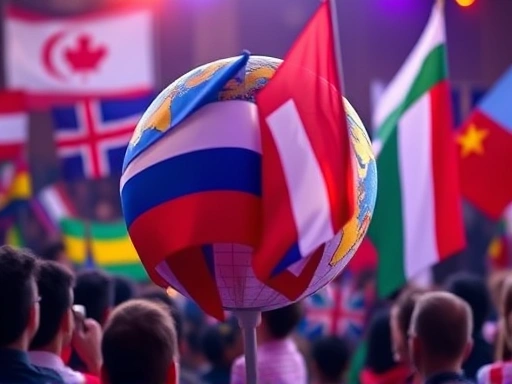 다양한 국기의 겹침과 지구본 이미지