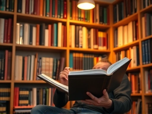 아늑하고 지적인 서재 공간, 다양한 책들이 꽂힌 서가를 배경으로 한 손에는 책, 다른 손에는 펜을 든 사람이 노트를 펼쳐두고 깊이 몰두하는 모습