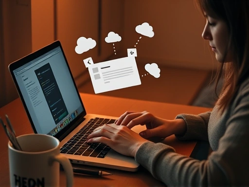 따뜻한 색감의 조명 아래, 차분한 표정의 블로거가 노트북 앞에 앉아 손가락으로 키보드를 두드리고 있다.