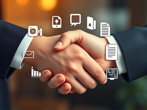 두 손이 서로 악수를 하며 계약을 상징하는 모습