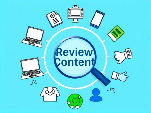 다양한 리뷰 콘텐츠 유형(블로그, 유튜브, SNS)이 노트북, 스마트폰, 카메라 아이콘과 함께 원형 그래프처럼 배치되어 있고, 중앙에는 돋보기가 텍스트를 분석하는 모습